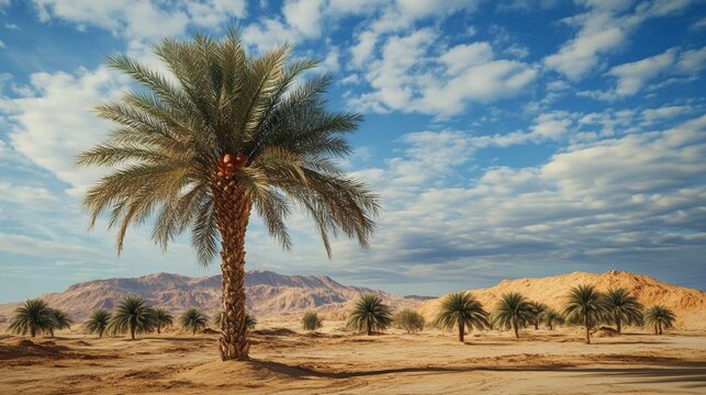 Palm trees in desert landscape, sunny day, tranquil scene, suitable for nature or travel content