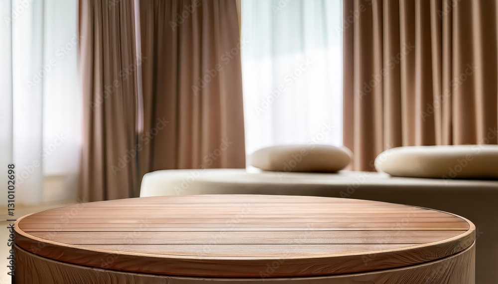 Poster blurred serenity round table in a spa room overlooking a veiled window, embracing the relaxing aura 