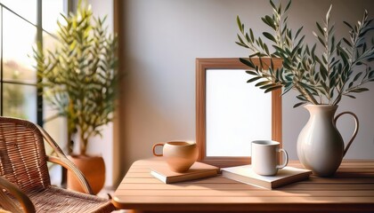 Vintage Picture Frame Showcasing a Poster Mockup of an Olive Tree BranchFilled Vase Arrangement on a Rustic Wooden Table, Surrounded by Warm Tones and Earthy Textures, Invoking a Relaxing