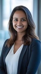 Fototapeta premium Confident professional woman smiles warmly, showcasing approachability in a modern office setting during daylight hours