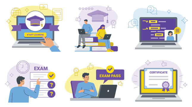 Set of bright concepts on the topic of learning in a flat style, young people are on online education using tablets and phones