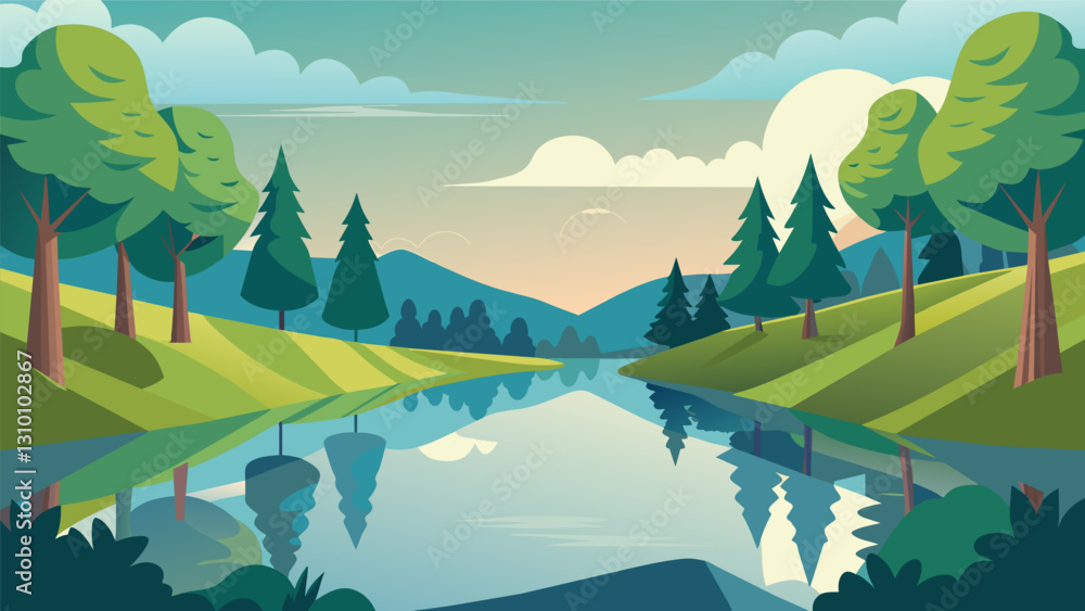 Poster the calmness of the river creating a perfect reflection of the surrounding trees adding to the tranq
