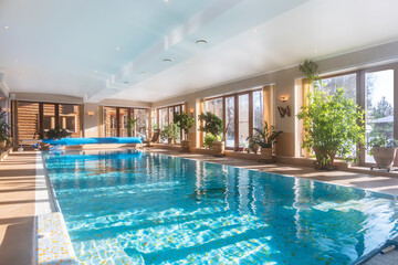 Indoor private pool with panoramic windows in the rays of the setting sun. Pots with green plants around the perimeter of the pool.