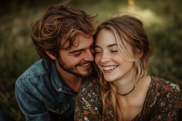 Fototapeta premium Young couple sharing a tender moment outdoors, smiling and enjoying each other's company