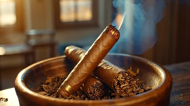 Cigar Smoking, Warm Interior, Wood Ashtray, Relaxing Atmosphere, Fine Cigar