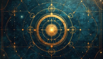 Abstract cosmic background with gold metallic foil and marbled dark blue textures inlay. Sacred geometry with celestial motif, glittering space elements. Trendy art deco design. Generative AI.
