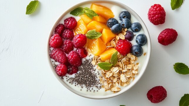A wholesome yogurt bowl features creamy yogurt topped with colorful fruits like raspberries, mango, blueberries, and crunchy muesli. Fresh mint leaves enhance the refreshing look