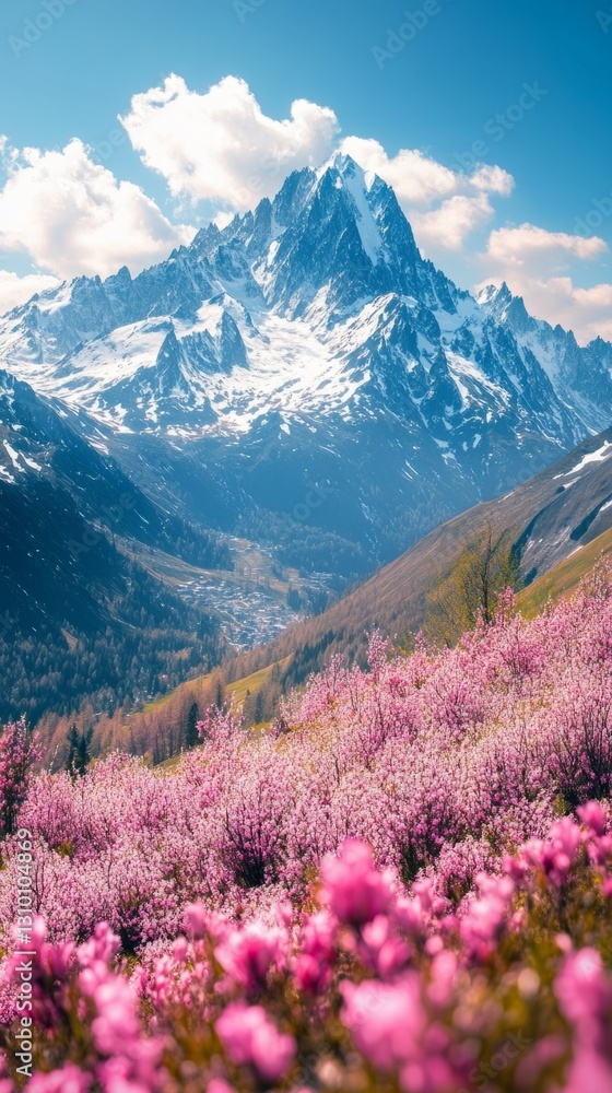 Aufkleber peach trees in full bloom create a breathtaking spectacle of color against the backdrop of towering 
