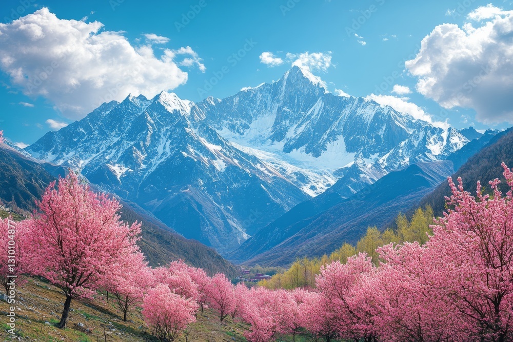 Poster peach trees in full bloom create a breathtaking spectacle of color against the backdrop of towering 