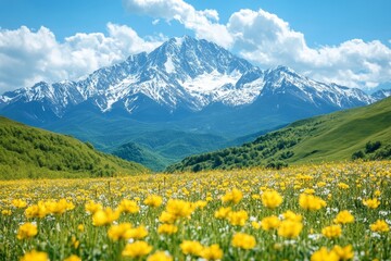 Scenic landscape showcasing vibrant wildflowers blanketing a meadow with majestic snow-capped mountains rising in the distance under a clear blue sky