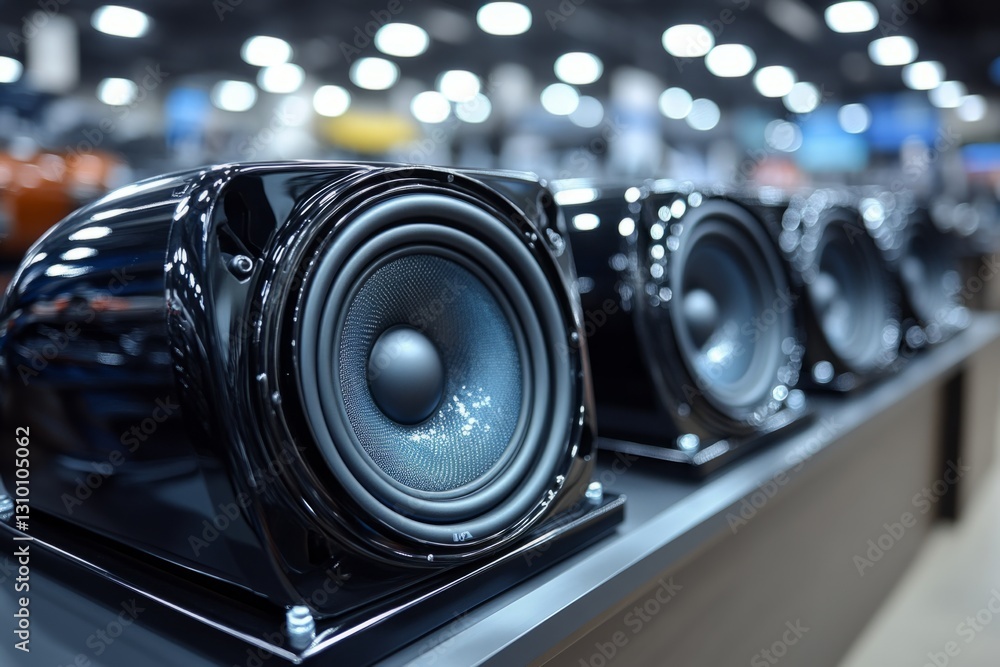 Poster row of powerful loudspeakers on display in an electronics store, showcasing high-fidelity sound repr