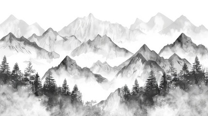 Obraz premium Seamless black and white watercolor pattern of foggy mountain ranges and scattered pine trees