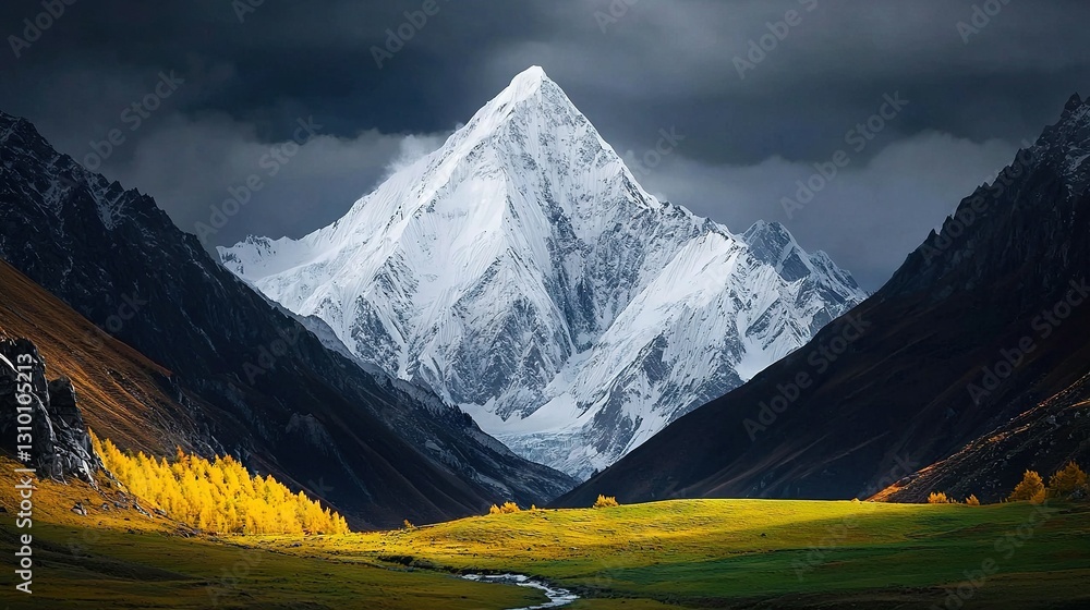 Poster yellow tree-lined stream in mountain range on cloudy day