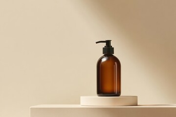 Elegant Amber Bottle with Pump on Minimalist Beige Background