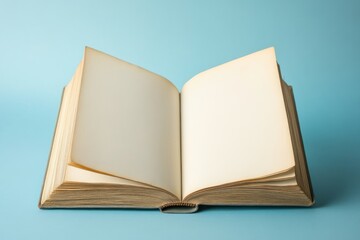 Open blank book on a blue background with soft shadows and light