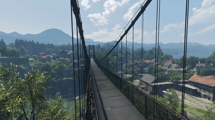 Mountain village suspension bridge, scenic valley view, pedestrian walkway
