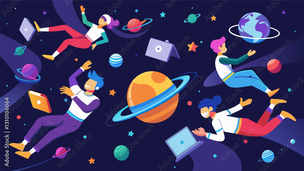 Poster In this immersive virtual reality exhibit participants float through a digital universe interacting with and creating art in zero gravity.. Vector illustration