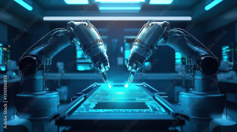 Aufkleber robotic arms working on a circuit board in a futuristic lab.