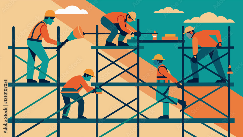 Poster with a system of intricate scaffolding built beneath them steelworkers crawl like spiders over the f
