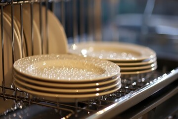 Fototapeta premium Clean and Dry Plates in Dish Rack after Washing with Water Drops