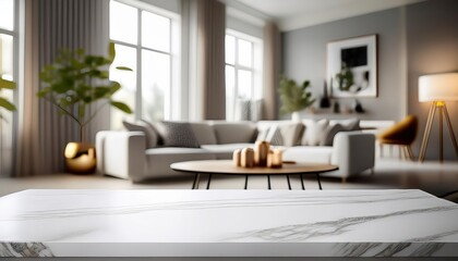 Spotlight on a Minimalist White Table, Framed by a Blurred Modern Living Room Backdrop A Study of Contrast, Simplicity, and Modern Elegance