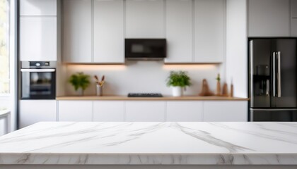 Minimalist White Space Against a Blurred Modern Kitchen Backdrop, Evoking Tranquility and Cleanliness with Hints of Warmth and Elegance.