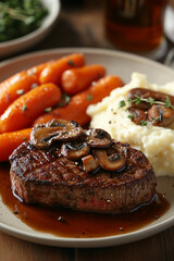 Delicious grilled steak with mushrooms served alongside honey-glazed carrots and creamy mashed potatoes on a rustic table Generative AI