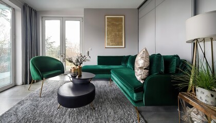 Stylish Contemporary Living Room Interior, Velvet Green Sofa in Spotlight, Creating a Luxurious and Relaxing Atmosphere with Modern Accents