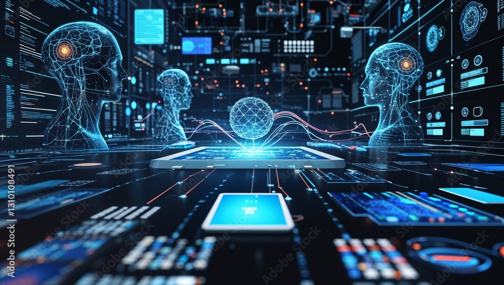 Poster exploring the connection between artificial intelligence and human cognition in a futuristic environ