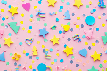 A fun, simple pattern composed of colorful confetti and cute, playful shapes like stars, hearts, circles, and triangles, scattered randomly across a soft pink background