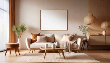 Cozy Minimalist Living Room Interior Design Mockup with Warm Tones and a Striking Wall Poster Frame, Evoking Tranquility and Elegance for Home Decor or Artwork.