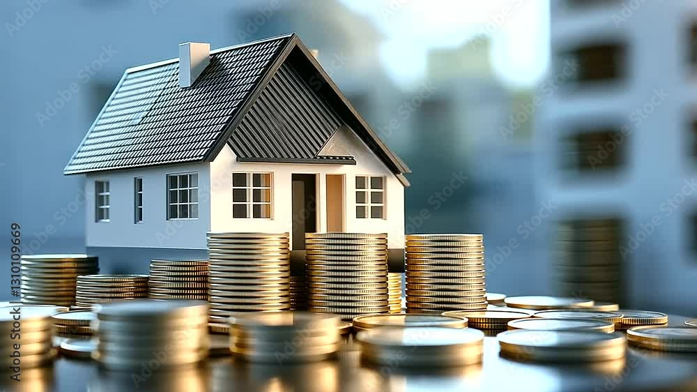 Poster a realistic d-rendered image of a model house standing on a platform of neatly arranged stacks of co