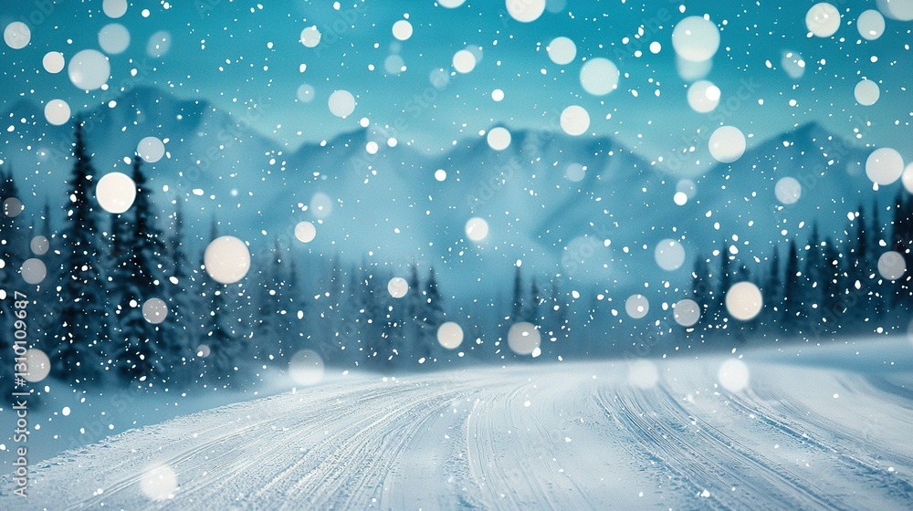 Poster clear image of a snow-covered road with snowfall and trees in the background