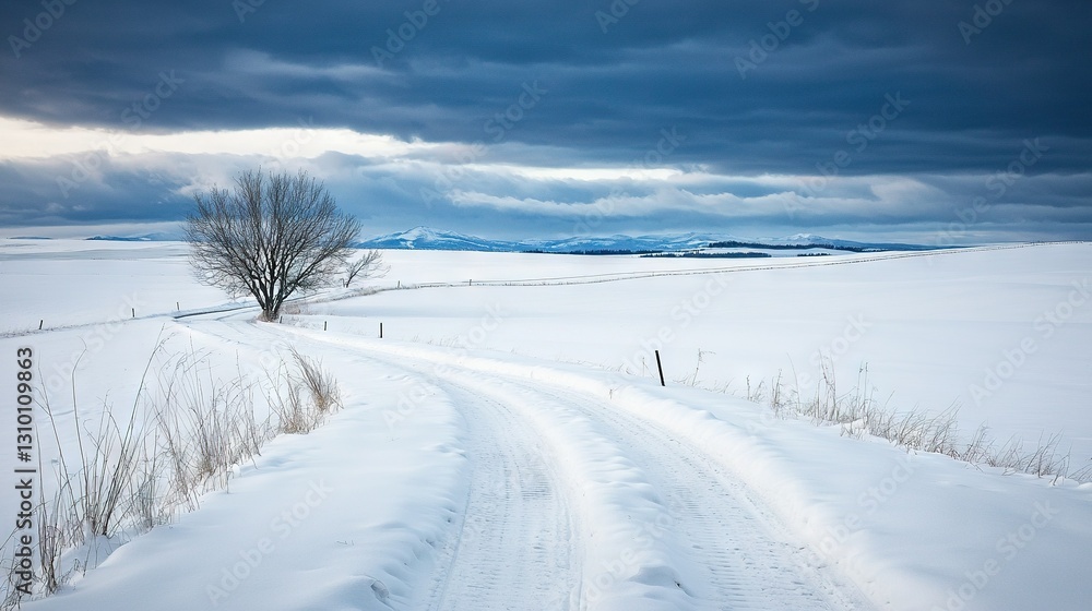 Poster a solitary tree stands amidst a snowy field with a path leading up to it, while a cloudy sky hangs o