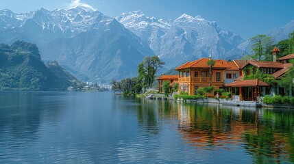 Fototapeta premium Lakeside villas reflecting in a lake with snowy mountain backdrop