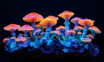Luminous psychedelic mushrooms glow vibrantly against the dark backdrop evoking a sense of wonder