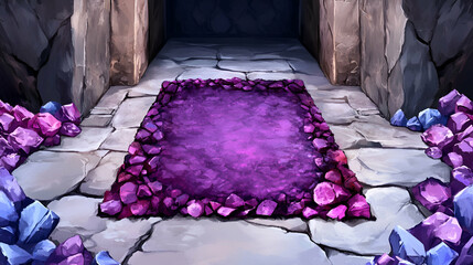 Enchanted cavern entrance with vibrant purple crystals surrounding a mystical glowing area on the stone floor