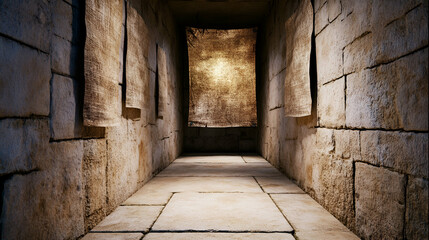 Fototapeta premium Ancient Stone Corridor with Textured Walls and Illuminated Fabric Background in a Mysterious Setting