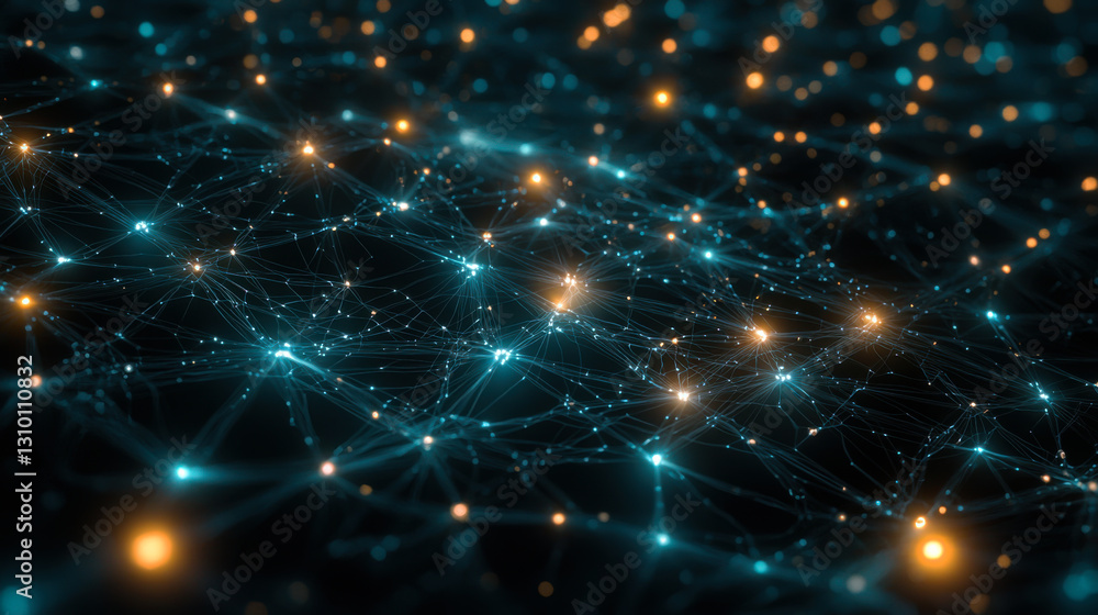 Aufkleber Visual representation of a complex network of connected nodes and glowing particles in a dark background showcasing data flow and connectivity