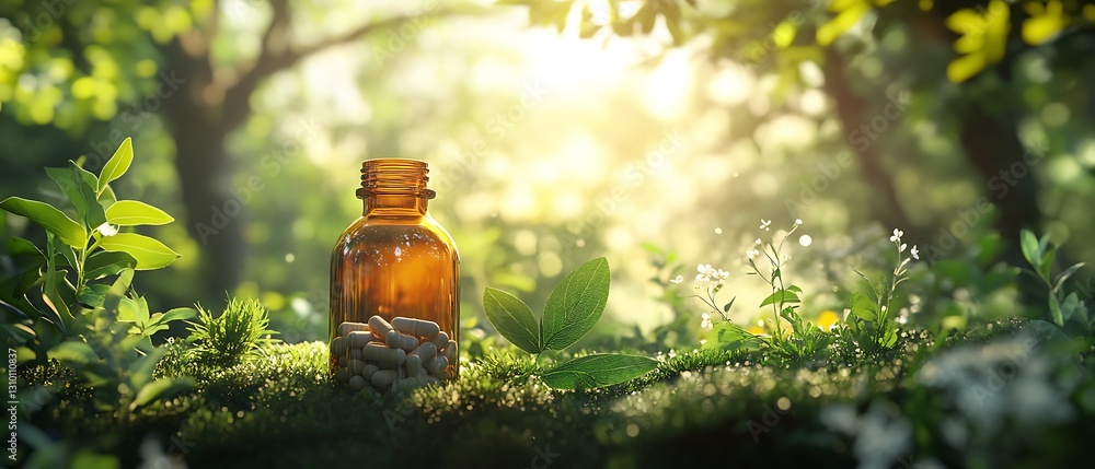 Poster pills in jar on moss with sunlight filtered through trees in a forest setting