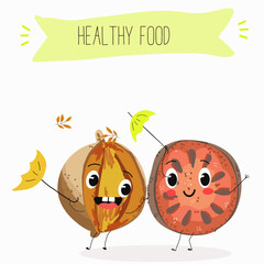 Bael fruit cute funny cheerful characters with different poses and emotions, wood apple whole and sliced. Vector hand drawn illistration.