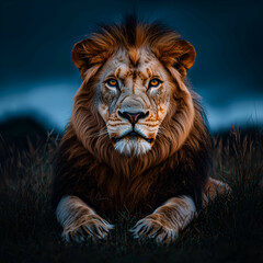 Fototapeta premium Majestic Male Lion: Wild Africa's Powerful Predator Roars at Dusk - Wildlife and Nature Photography