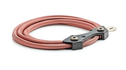 Fototapeta premium Pink braided cable studio shot, coiled, white background, electronics