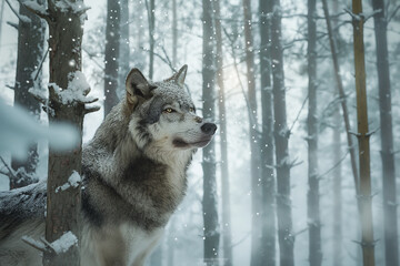 Naklejka premium A majestic Grey Wolf (Canis lupus) standing between tall, snow-covered trees in a dense winter forest