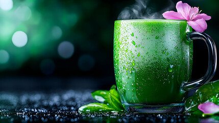 Fresh Green Smoothie in Glass Mug with Dew on Surface and Pink Flower Decoration