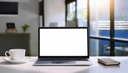 Minimalist Workspace Vignette A Study in White, Coffee Cup, and Digital Canvas, Conveying Calm Focus Amidst Blurred Movement