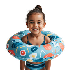 Happy Child with Colorful Inflatable Pool Ring Isolated on Transparent Background.