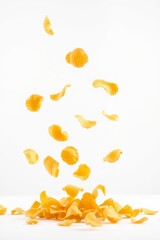 Crispy Potato Chips Falling on White Background