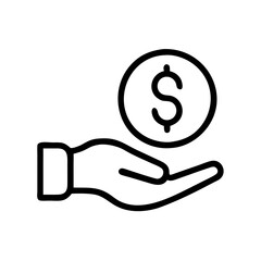 Financial support icon with hand and dollar coin in outline style