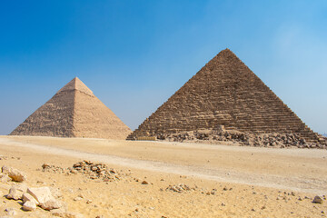 View of The Giza Necropolis, Famed archaeological site featuring the Great Pyramids, the Great Sphinx and The Great Pyramid of Giza in the desert of Giza, Cairo, Egypt.